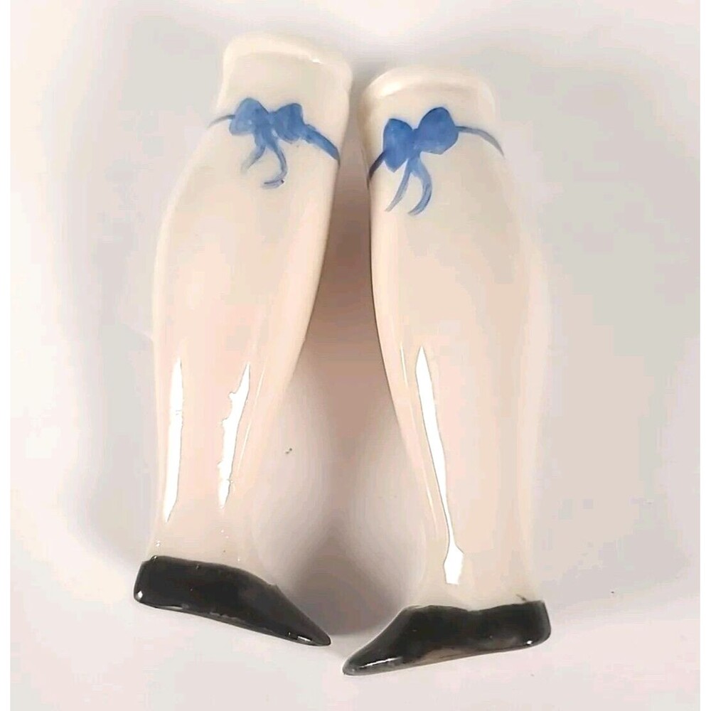 Antique China Doll Legs 1800s flat shoes Glazed Porcelain Blue Bow